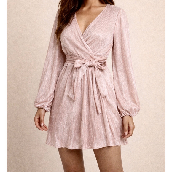Sbetro Dresses & Skirts - Sbetro Metallic Rose Gold Wrap pull over barrel long sleeve dress  pink art deco